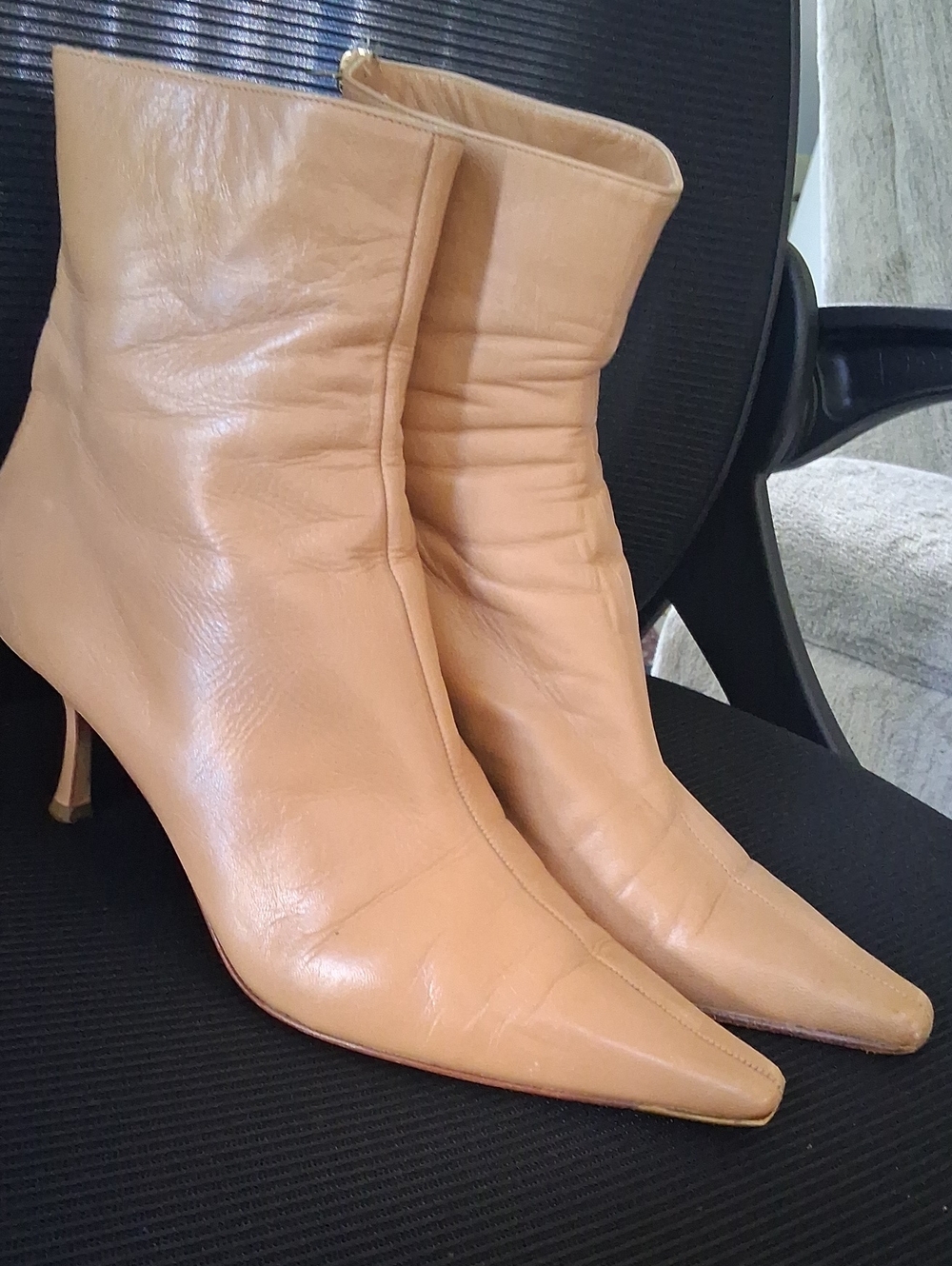 Jimmy Choo Camel Leather Pointed-Toe Ankle Boots